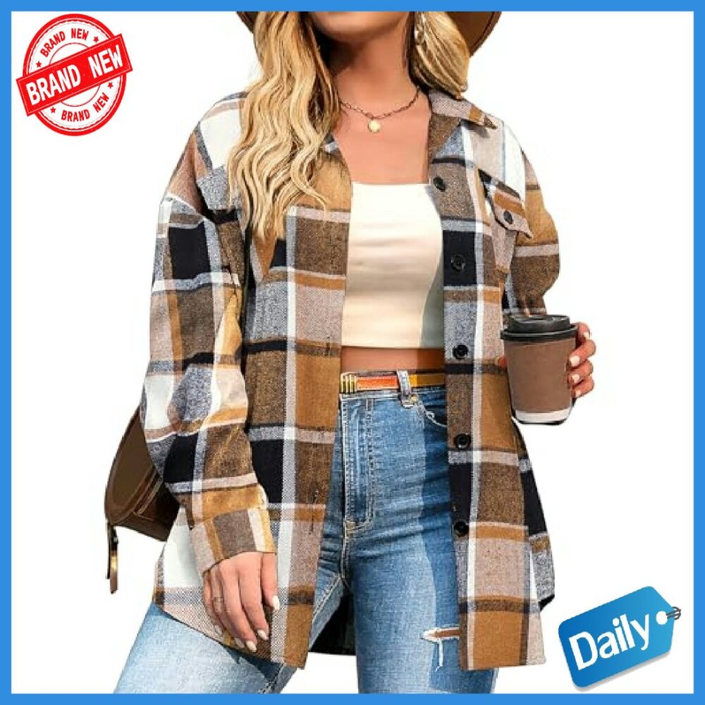 Plus Size Flannel Shacket Jacket with Pockets, Lo… - image 2